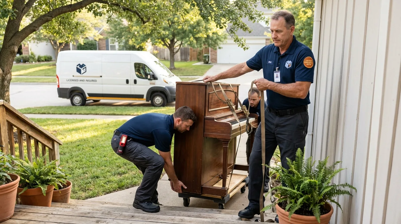 Licensed piano movers securing grand piano in Shelter Island Heights, NY