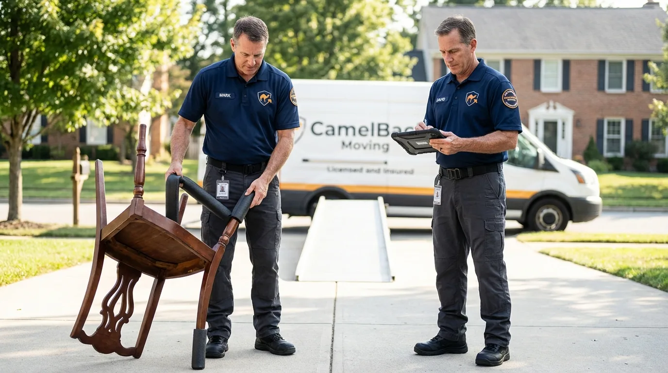 Movers inspecting furniture for damage prevention before loading in Shelter Island Heights, NY
