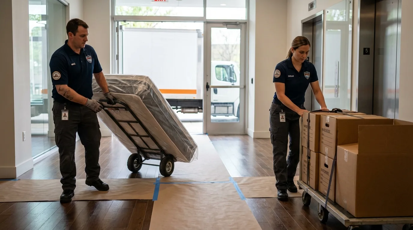 Professional apartment movers loading elevator in Shelter Island Heights, NY