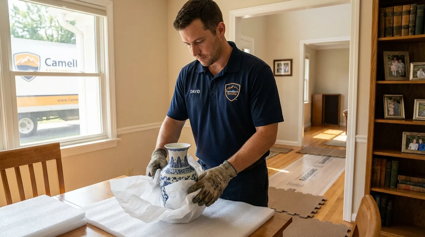Professional crew carefully wrapping antique vase for senior downsizing move in Shelter Island Heights, NY