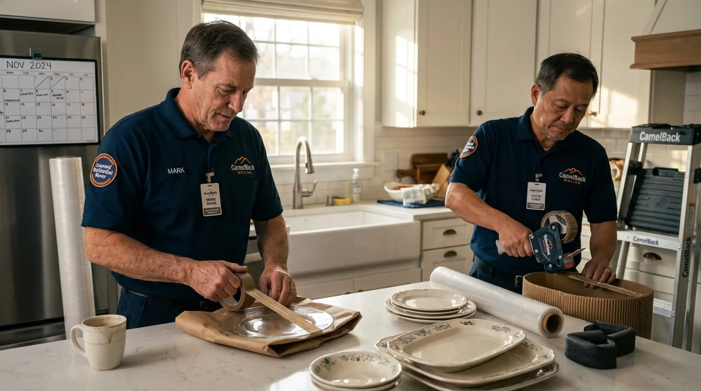 Professional crew packing kitchen dishware in Shelter Island Heights, NY